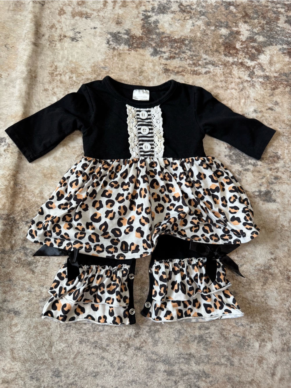 Honey Bean Leopard Print Ruffle Mock Dress Romper Long Sleeve Black 3m